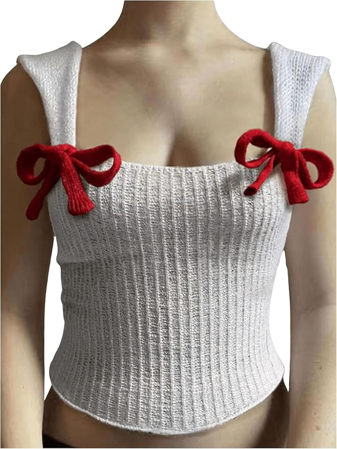 OYOANGLE Women's Bow Knot Decor Square Neck Sleeveless Knitted Tank Top Slim Fit Solid Crop Knit ... | Amazon (US)
