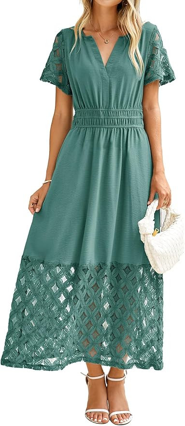 Simplee Womens 2025 Summer Boho Maxi Dress V Neck Empire Waist Long Flowy Dresses with Pockets | Amazon (US)