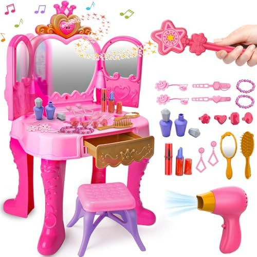 Toddler Vanity Magic Makeup Set Table and Chair Girl Toy Automatically Mirror with Music Light Pi... | Amazon (US)