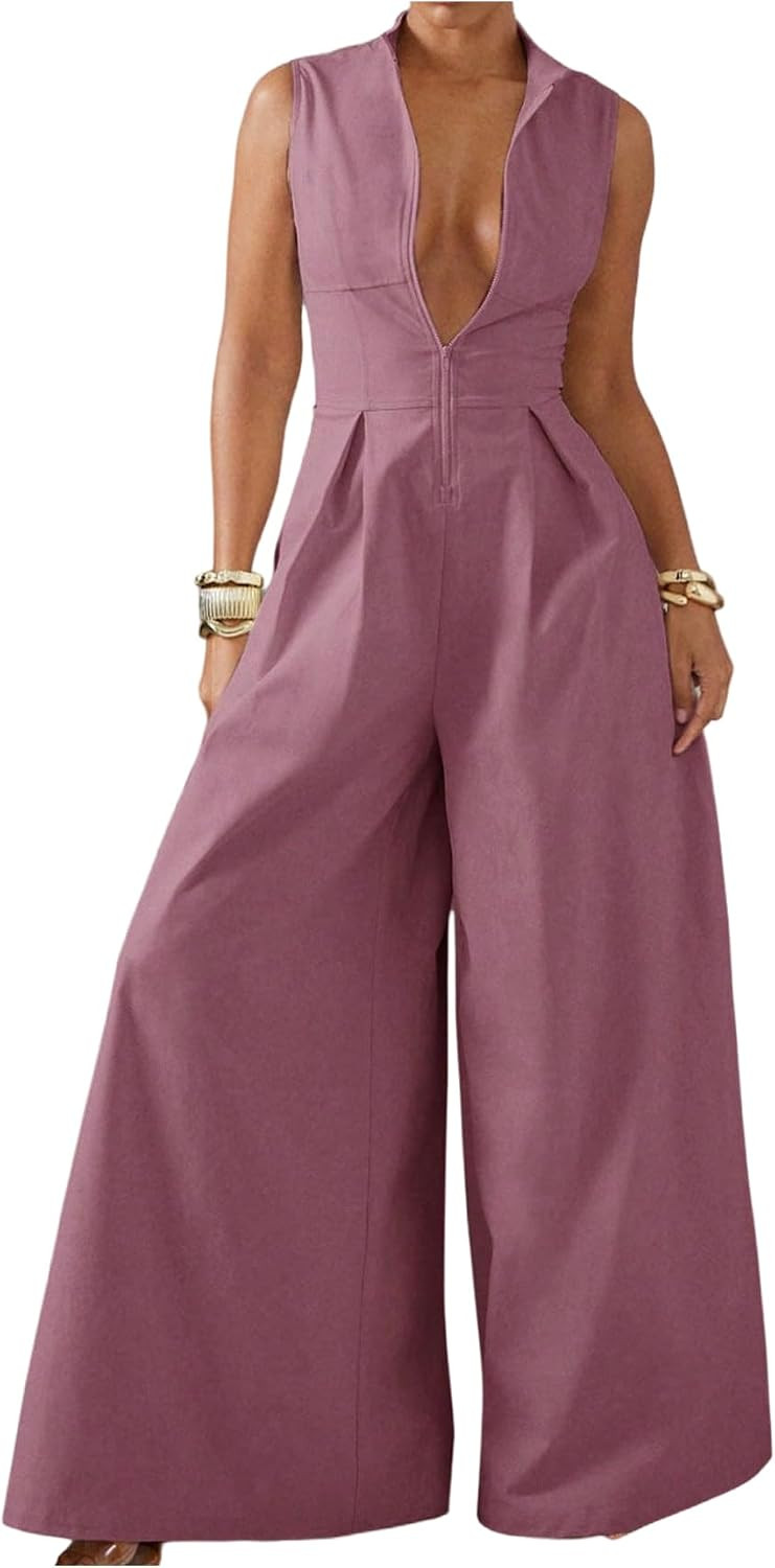 SOLY HUX Women's Summer Zipper Front Mock Neck Wide Leg Elegant Jumpsuit | Amazon (US)