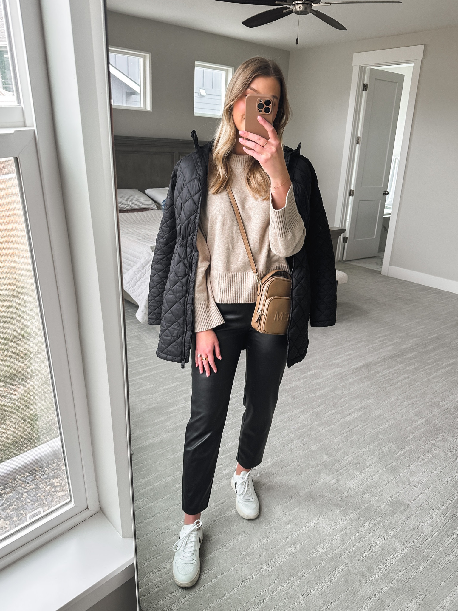 Leather pants from Amazon, quilted parka, oatmeal sweater in sale, Veja sneakers, monogrammed bag 

#LTKworkwear #LTKunder100