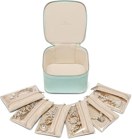 Vlando Travel Jewelry Box for Women,Faux Leather Jewelry Box with 6 Velvet Jewelry Zipper Pockets... | Amazon (US)
