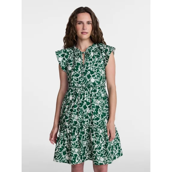 Time and Tru Women's and Women's Plus Tiered Cotton Mini Dress with Flutter Sleeves, Sizes XS-4X | Walmart (US)