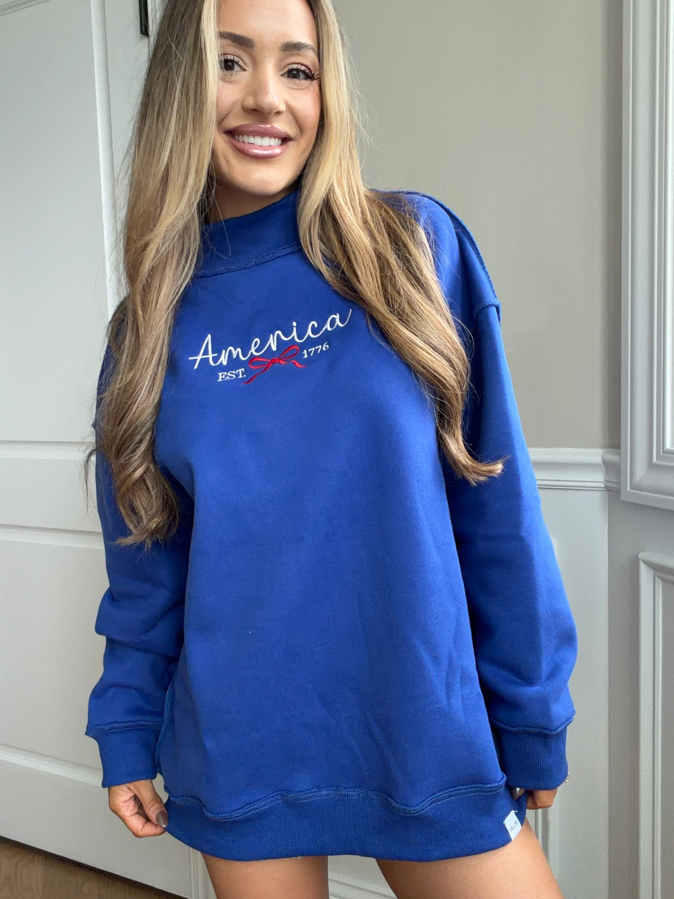 Tilly Miss Americana Embroidered Reversible Oversized Mockneck Crew | Willow Boutique