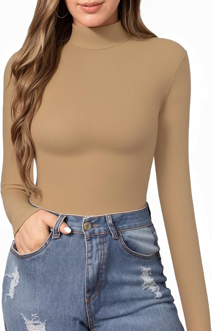 MANGOPOP Women's Mock Turtle Neck Slim Fit Long Sleeve T Shirt Tight Tops Tee | Amazon (US)