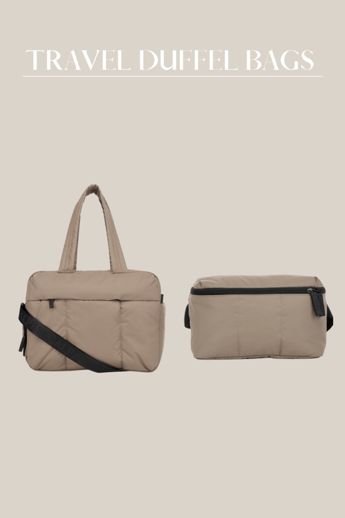 My favorite travel duffel bag! It counts as a personal item and it fits under the seat! 
Calpak duffel bag & fanny pack