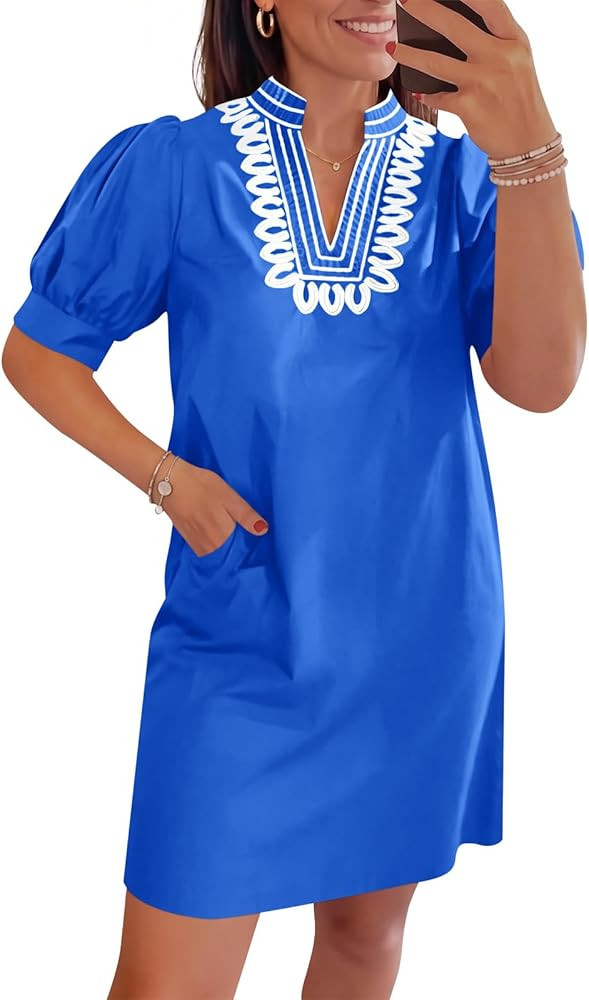 Wenrine Womens Summer V Neck Shift Dresses Puff Short Sleeve Casual Dressy Embroidered Boho Short... | Amazon (US)