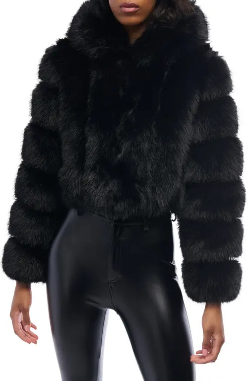 AZALEA WANG Jolene Crop Faux Fur Hooded Jacket in Black at Nordstrom, Size Large | Nordstrom
