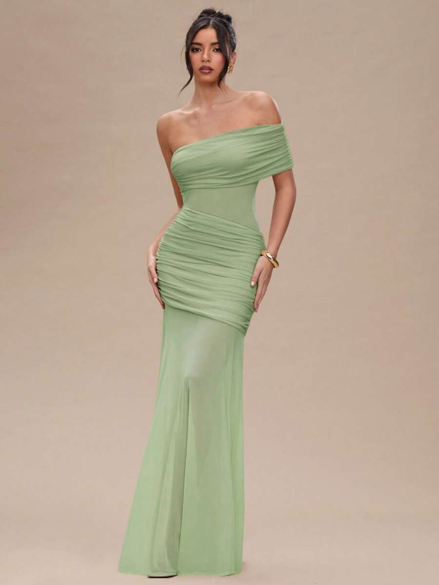 SHEIN BAE Women's Summer Clothing Solid Apricot Pleated Sexy See-Through Long Dress For Women,Sum... | SHEIN