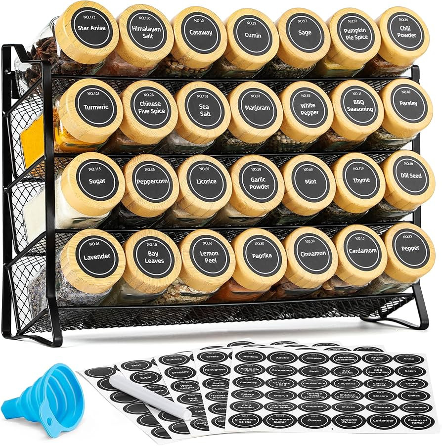 AOZITA Spice Rack Organizer for Cabinet, 28 Empty Spice Jars with Bamboo lids, Funnel, Spice Labe... | Amazon (US)