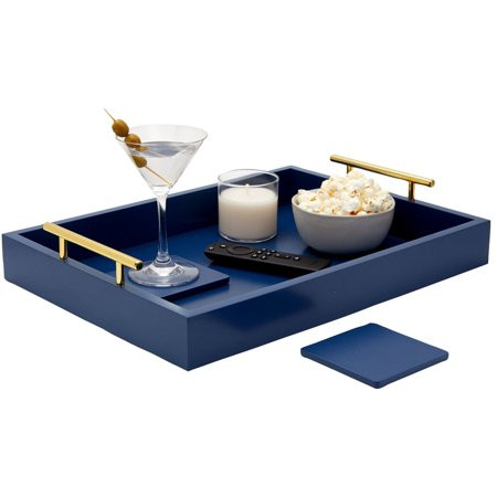 Wooden Coffee Table Serving Tray with Handles and Coasters for Ottoman Blue | Walmart (US)