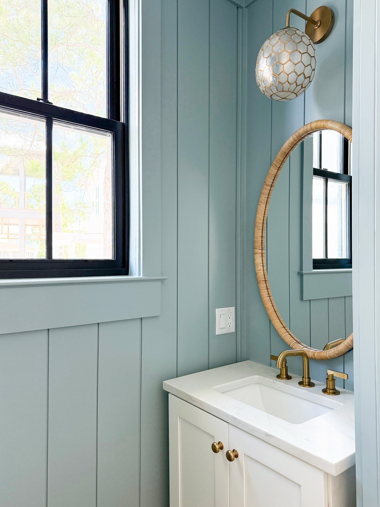 Little blue bath! Walls BM Santorini Blue. Linked the art and frames too! Palm art and Seaside print were both a local find- Studio 30A in Grayton Beach!

#LTKHome