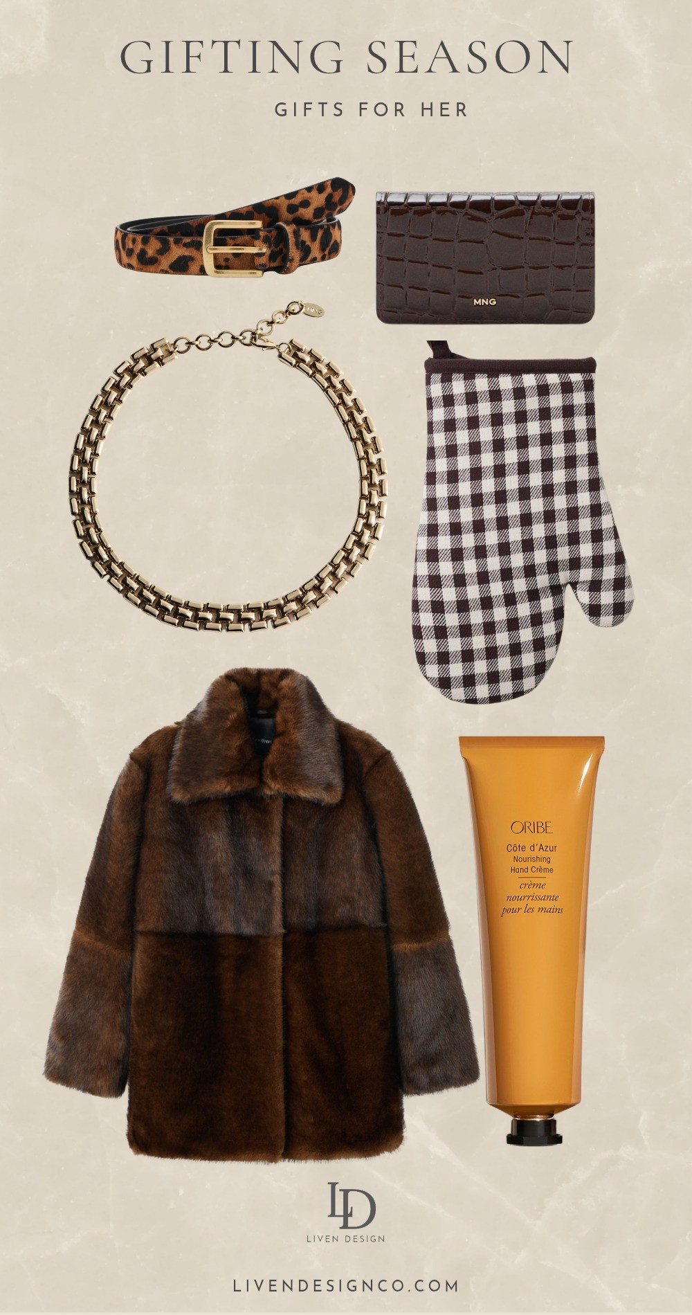 Gift guide. Gift for her. Christmas gifts. Gold chain necklace. Leopard print belt. Embossed croc wallet. Oven mitt. Gift for baker. Kitchen decor. Fur coat. Luxury hand cream. Under $100. Under $50

#LTKGiftGuide #LTKFindsUnder50 #LTKSaleAlert