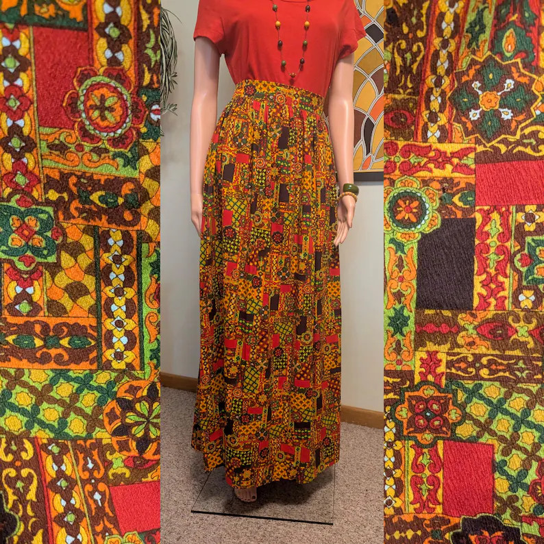 Vintage 1970s Colorful Psychedelic Barkcloth Cotton Maxi Skirt / 60s 70s Hippie Boho Multicolor | Etsy (Global)