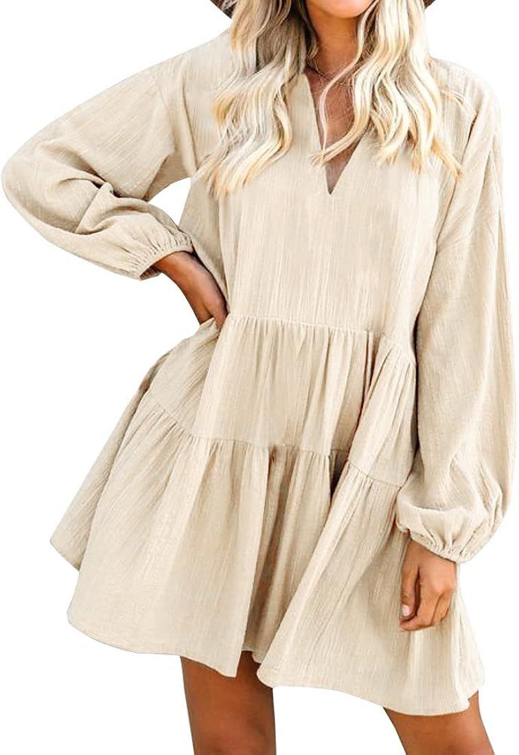 FANCYINN Women’s Cute Shift Dress with Pockets Fully Lined Bell Sleeve Ruffle Hem V Neck Loose ... | Amazon (CA)