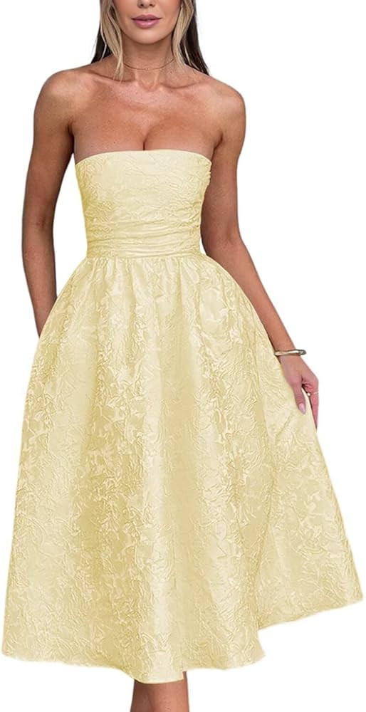 Strapless Jacquard Prom Dresses with Pockets A-Line Midi Cocktail Party Dress | Amazon (US)