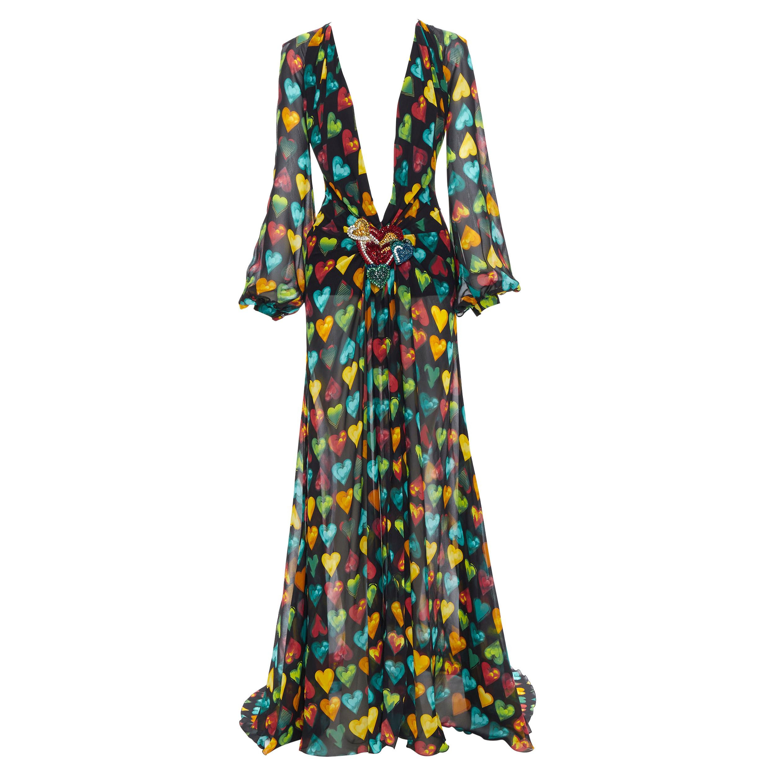rare VERSACE 2019 Runway heart print embellished plaque silk chiffon gown IT38 | 1stDibs