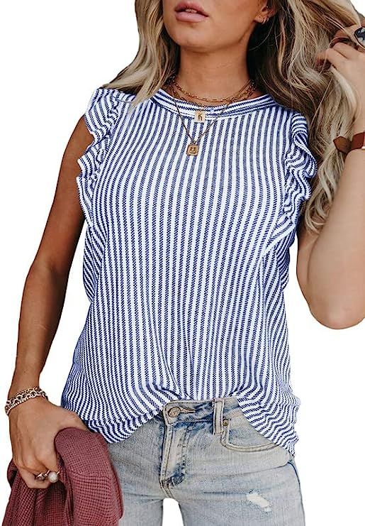 SHEWIN Summer Tank Top for Women Crewneck Ruffle Sleeve Shirts Slim Fit | Amazon (US)