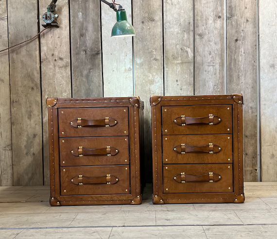 English Handmade London Tan Leather Occasional Draw Trunks Nightstands Vanities Bedroom Furniture | Etsy (US)