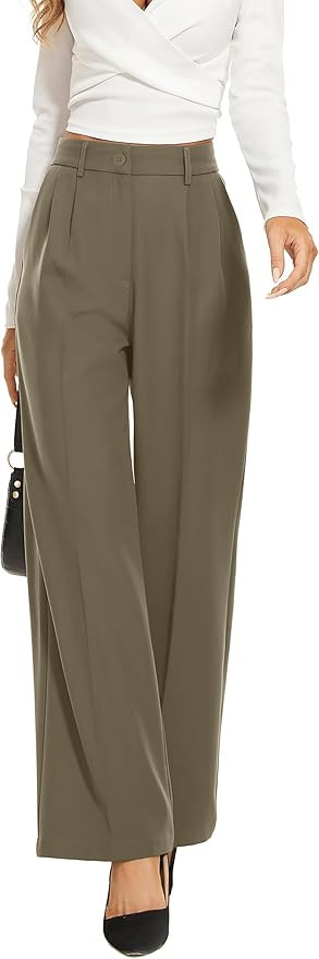 FUNYYZO Wide Leg Pants Women's High Elastic Waisted in The Back Business Work Trousers Long Strai... | Amazon (US)