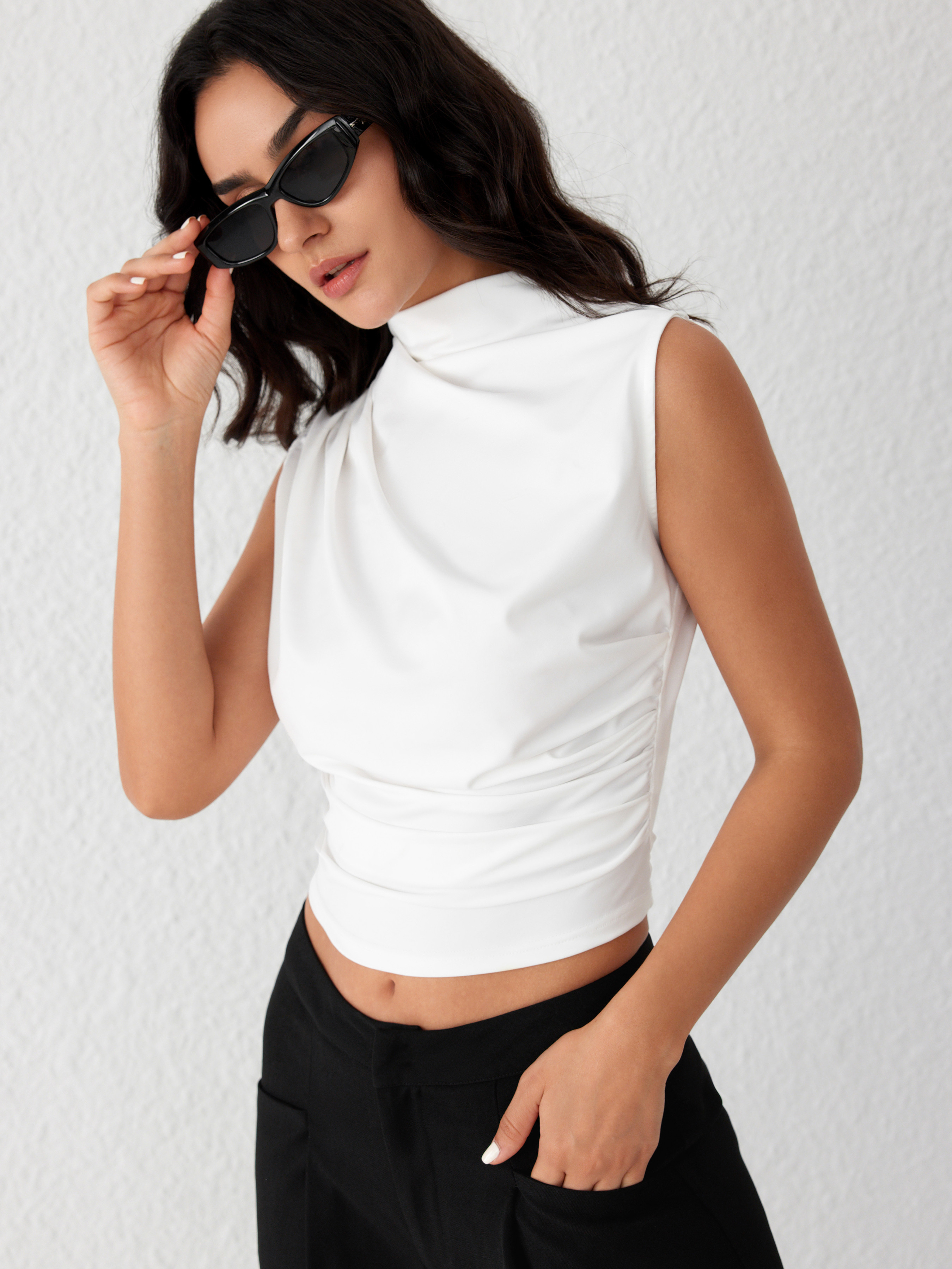 Sleeveless Tops Summer Tops Cute Tops City Chic Knit Fabric Asymmetrical High Neck Ruched Crop To... | Cider