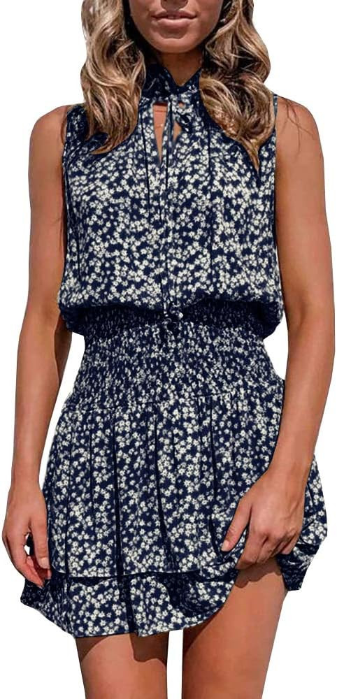 Womens Floral Sleeveless Sundress Boho V Neck Tie Smocked Ruffle Layer Short Dress | Amazon (US)
