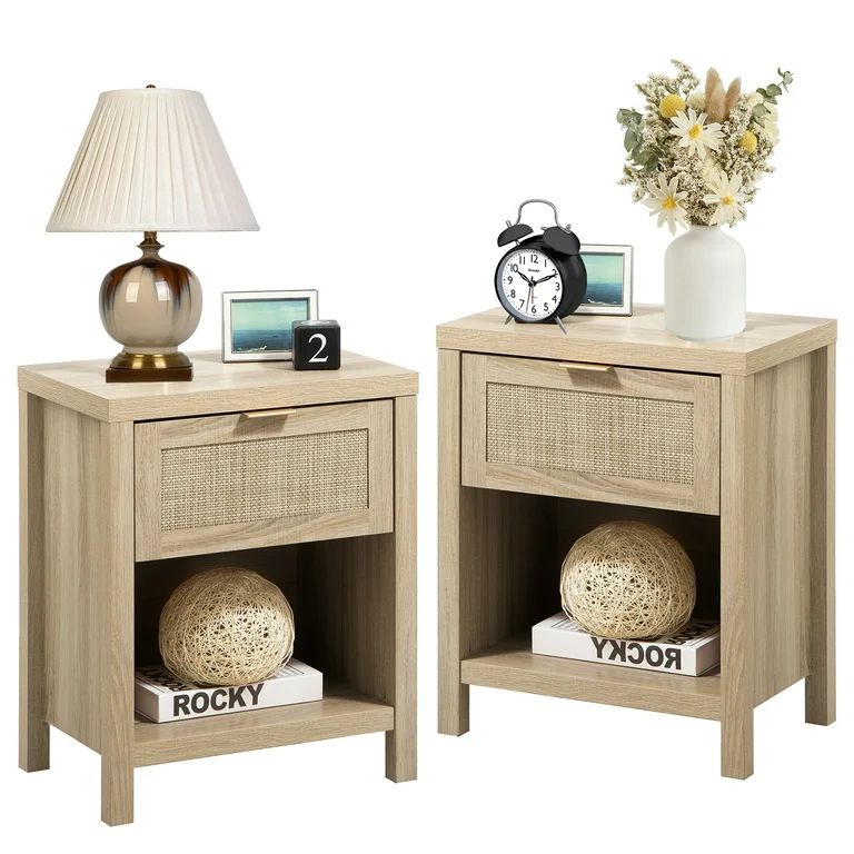 Omni House Farmhouse Rattan Nightstand Set of 2,Bedside Table with Drawer and Storage Shelf - Boh... | Walmart (US)