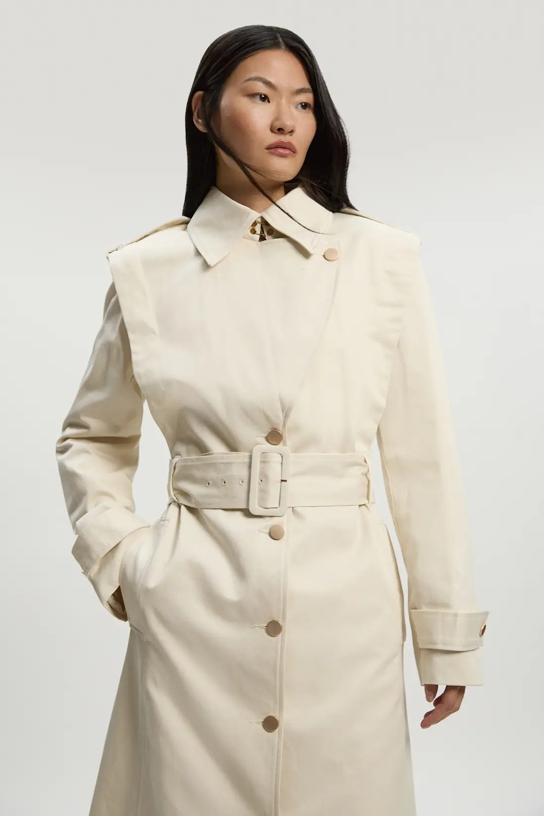 Strong Shoulder Belted Midi Trench Coat | Karen Millen US