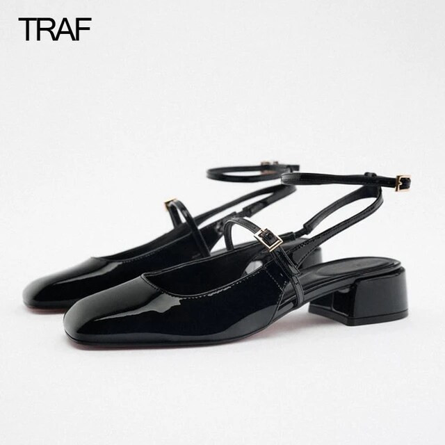 TRAF 2023 Women Pumps Strappy Heels Black Square toe Heels Mary janes Shoes for Women High heels ... | AliExpress (US)