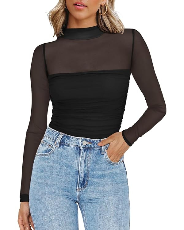 Zeagoo Women's Sexy Mock Turtle Neck Long Sleeve Tops Sheer Mesh Ruched Trendy Going Out Shirts B... | Amazon (US)