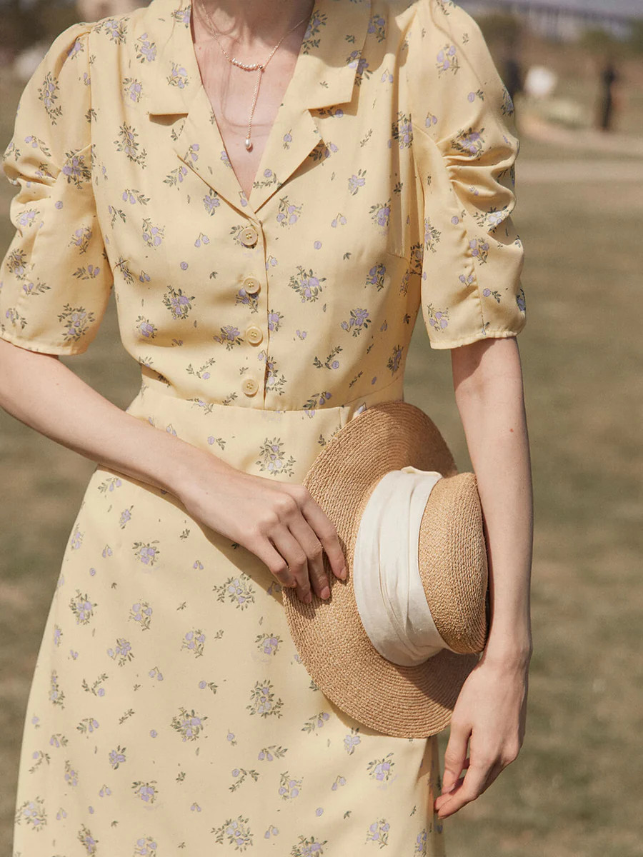 Fannie Printed Floral Yellow Tea Dress | SimpleRetro