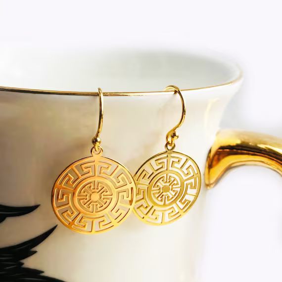 Greek earrings | Gold Meander motif earrings | Greek Key pattern earrings | Gold medallion earrin... | Etsy (US)