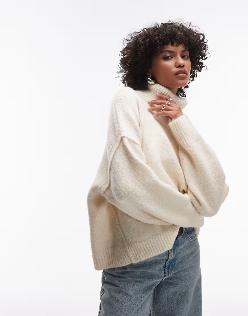 Topshop knit exposed seam turtleneck relaxed sweater in ivory-White | ASOS (Global)