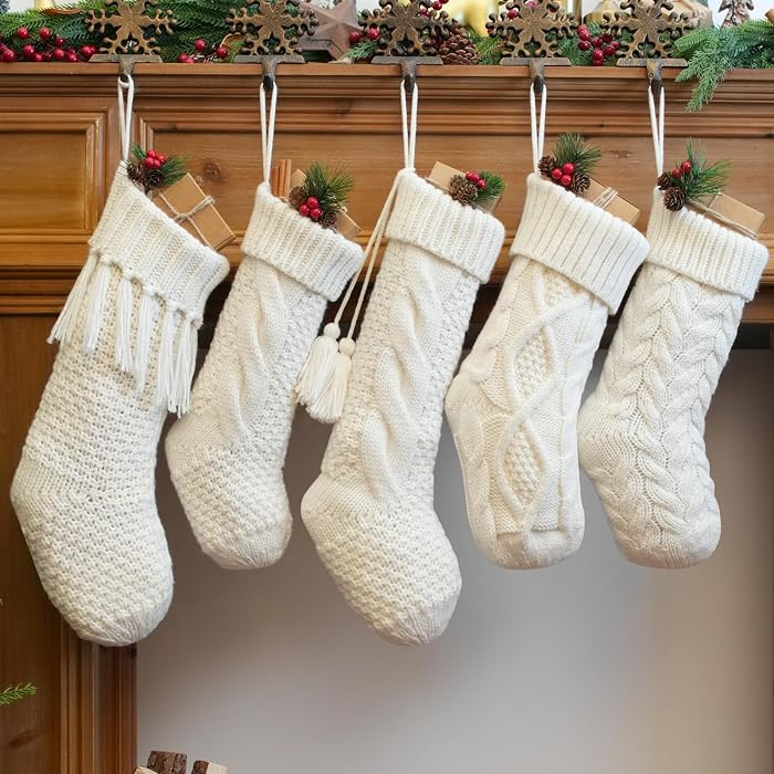 steo spce 5 Pack White Farmhouse Christmas Stockings – Rustic Boho Vintage Cable Knit Set, Incl... | Amazon (US)