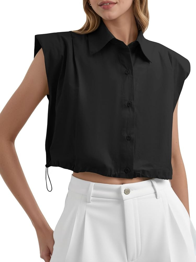 Tankaneo Womens Sleeveless Button Down Shirts Casual Loose V Neck Pad Shoulder Crop Tank Top | Amazon (US)