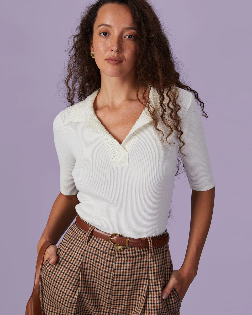 The Beige Lapel Ribbed Short Sleeve Knit Top & Reviews - Beige - Tops | RIHOAS | rihoas.com