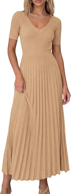 PRETTYGARDEN Women's 2026 Spring Midi Sweater Dresses Elegant Pleated Ribbed Knit Short Sleeve V ... | Amazon (US)