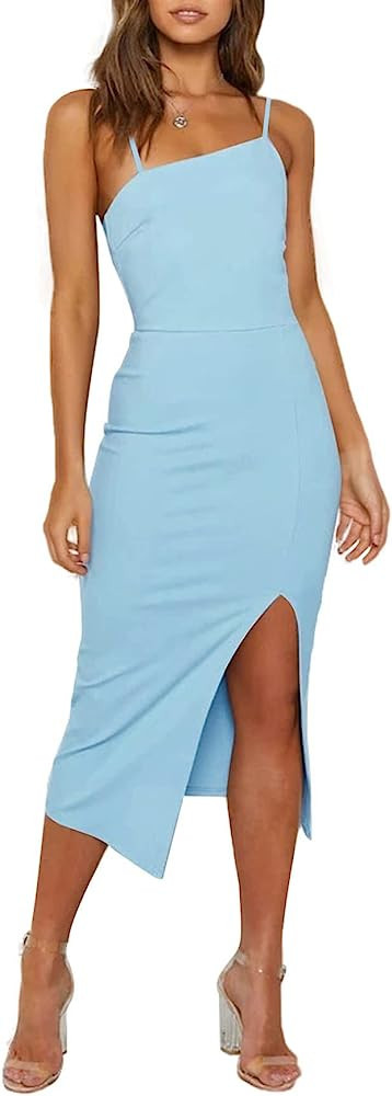 VIUTIL Women's Spaghetti Straps Split Hem Sleeveless Zipper Cocktail Prom Bodycon Midi Dress 2023... | Amazon (US)