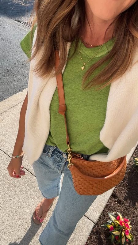 Can’t stop with this green tee!! SO pretty. 
Went up one to size small. 
Inside/out sweatshirt / LOVE. Size up. I have the M as it runs fitted. Color here: sugar 
Necklaces / use code: twopeasinablog at Miranda Frye 
Jeans tts. I cut the hem 

#LTKSeasonal #LTKStyleTip #LTKOver40