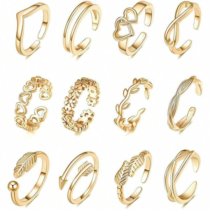12pcs/Set Women's Knuckle Rings, Metal Material Arrow, Knot, Star, Moon Design Toe Ring Set | SHEIN
