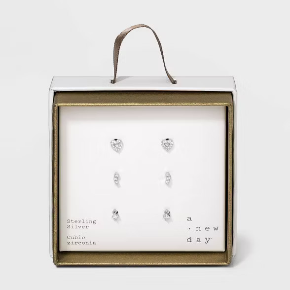 Sterling Silver Cubic Zirconia Heart and Stacked Stud Earring Set - A New Day™ Silver | Target