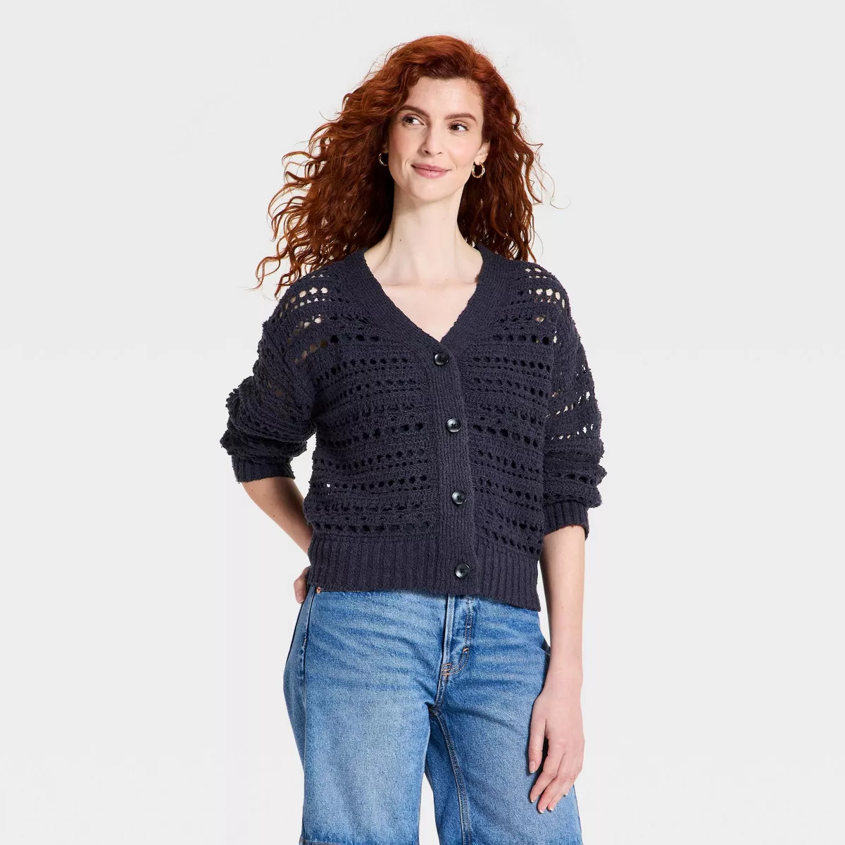 Women's Openwork Cardigan Sweater - Universal Thread™ Navy Blue XL | Target