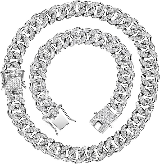 Hicarer 2 Pieces 12 mm Cuban Chain Necklace Bracelet Heavy Strong Link Chain Necklace Bling Neckl... | Amazon (US)