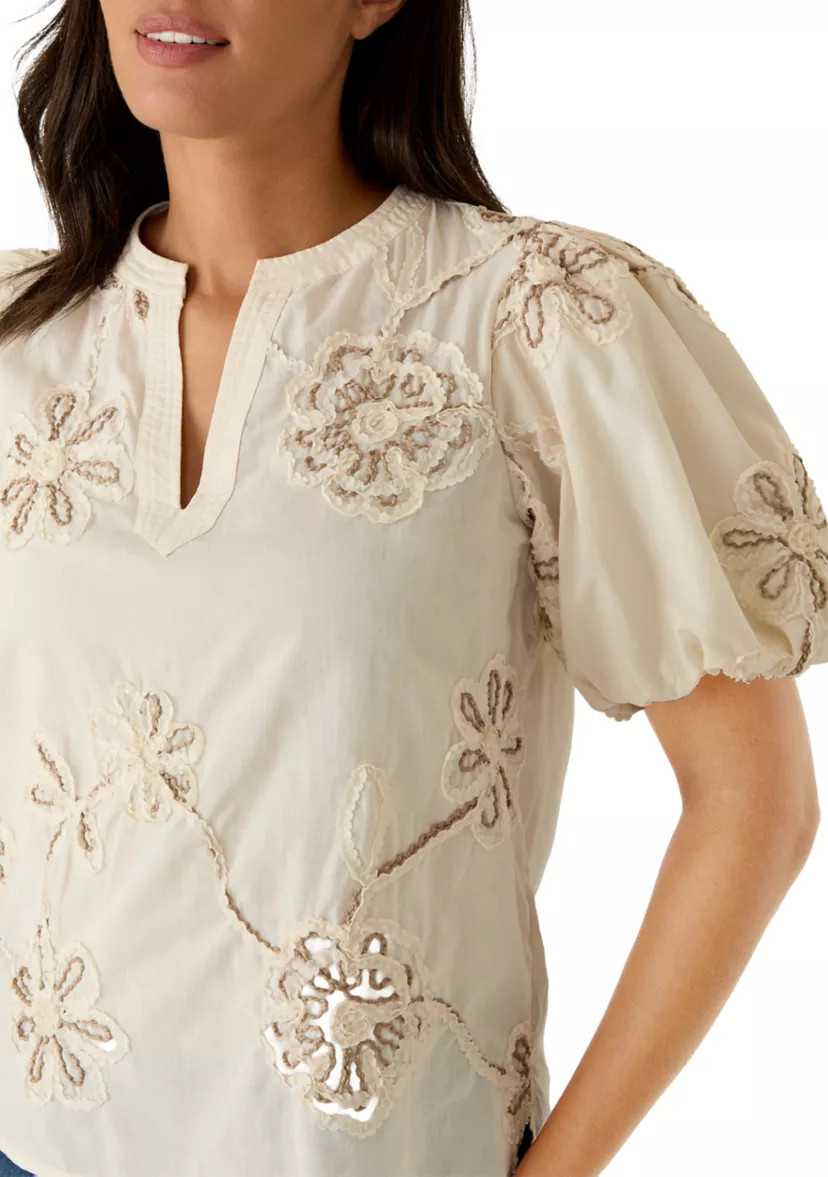 Women's Puff Sleeve Split Neck Embroidered Floral Blouse | Belk