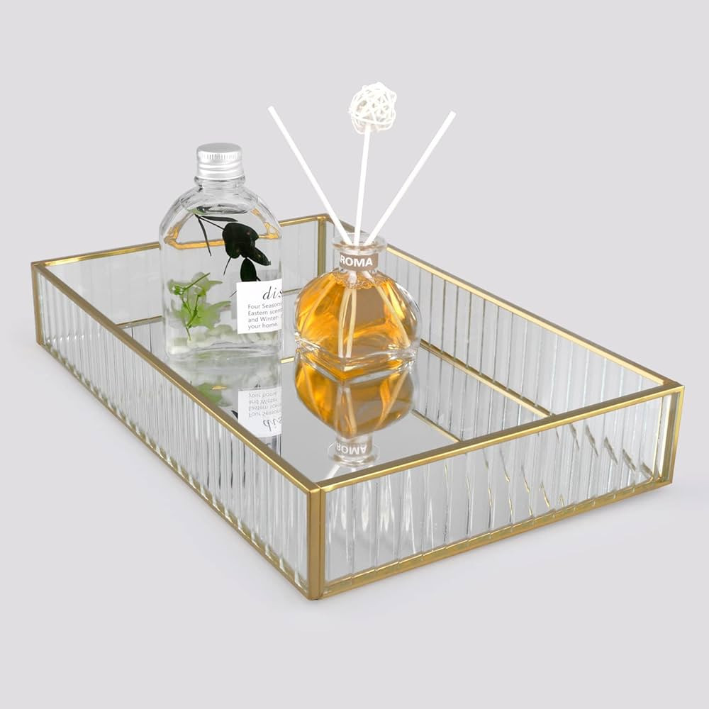 Large Mirror Makeup Vanity Tray 12 x 8 inch,Striped Glass Perfume Cosmetic Organizer,Square Bathr... | Amazon (US)