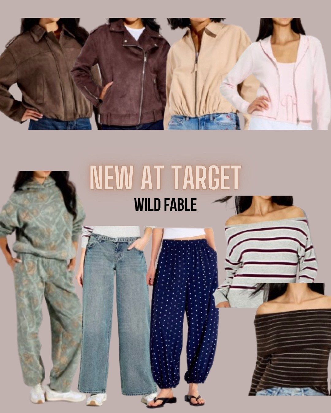 Target style
Wide leg jeans
Balloon pants
Off shoulder top
Fall outerwear
Bomber jacket
Faux suede
Jogger set