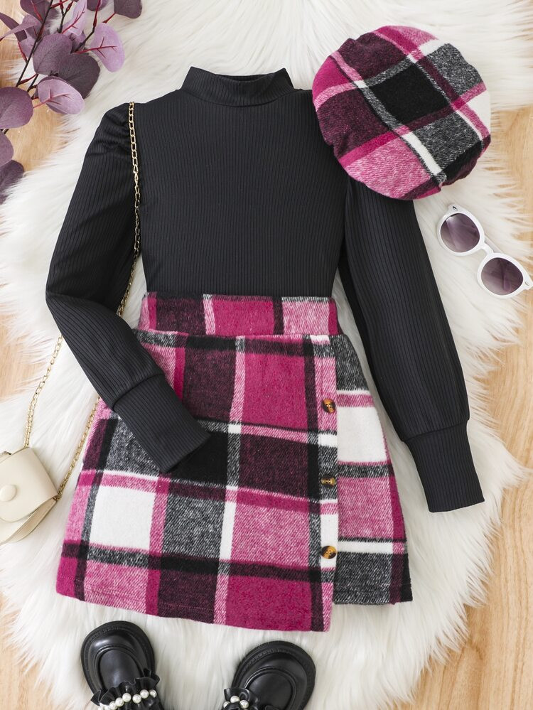 Girls Mock Neck Tee & Plaid Print Asymmetrical Hem Skirt & Hat | SHEIN
