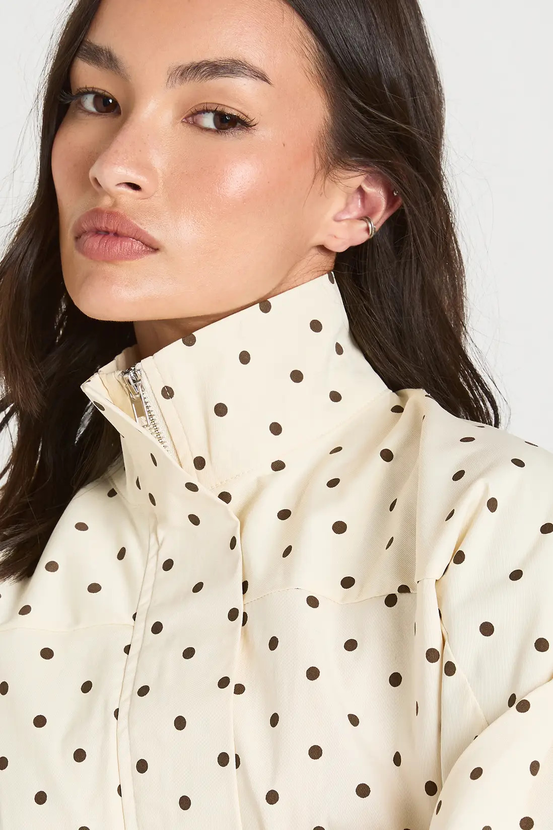 Ecru Funnel Neck Twill Polka Dot Zip Through | Boohoo | Boohoo.com (UK & IE)