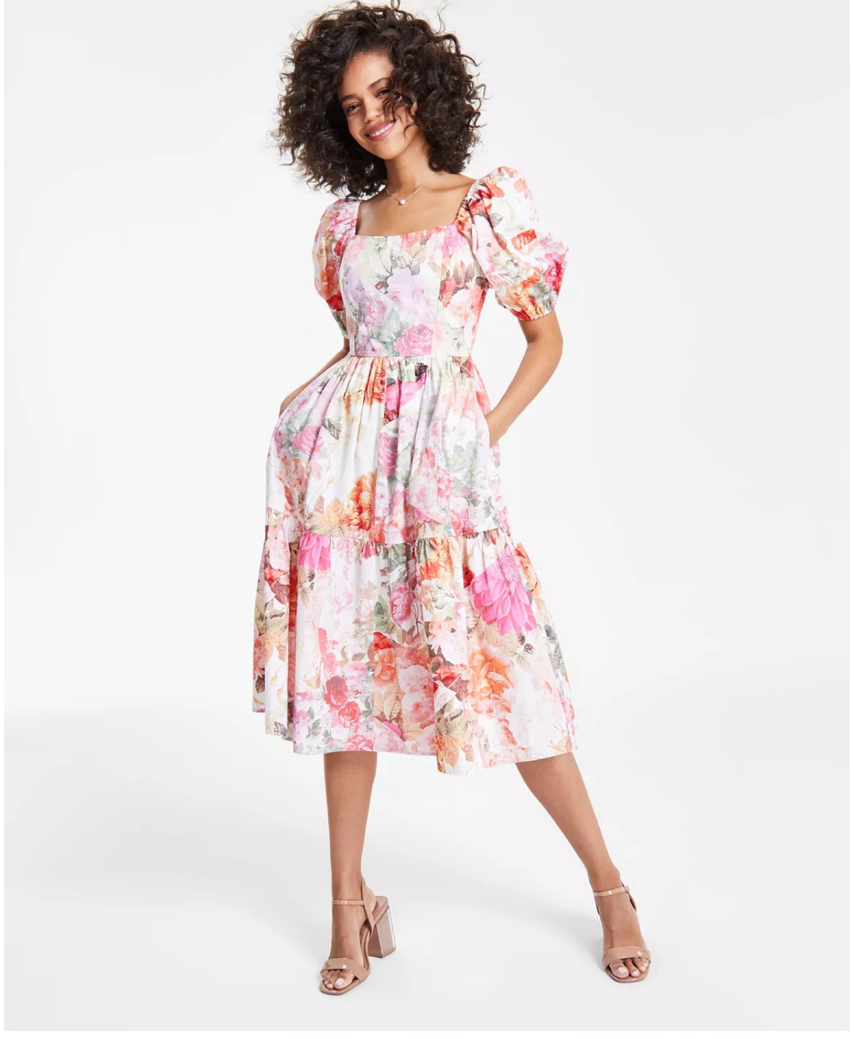 Floral pink and white dress. Dress with pocket. Midi dress. 

#floraldress #springdresses #easterdress #weddingguestdress 

#LTKwedding #LTKSeasonal