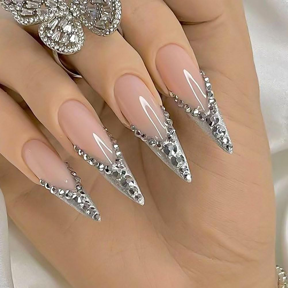 24pcs Fake Nails Glossy Pure Color Nude Rhinestones Glitter Luxury Long Stiletto Almond Press on ... | Amazon (US)
